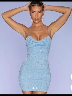 Princess Polly Sparkling Light Blue Beaded Cowl Mini Dress
